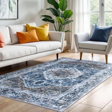 Imagem de KOZYFLY Boho Tapete de área 10 x 1,8 m para entrada, lavável, tapete antiderrapante para sala de estar, marrom, azul-petróleo, lã sintética, vintage, estampado, tapetes para quarto, entrada, cozinha,