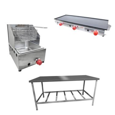 Imagem de Kit Lanchonete Mesa De Manipulação 190x70cm + Fritadeira A Gás 1 Cuba + Chapa A Gás 90cm Alcamar