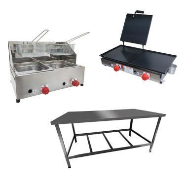 Imagem de Kit Lanchonete Mesa De Manipulação 120x55cm + Fritadeira A Gás 2 Cuba + Chapa A Gás 60cm Alcamar