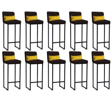 Imagem de Kit 10 Banqueta Alta Com Encosto Balcão Ferro Preto Corino Marrom E Almofada Amarelo