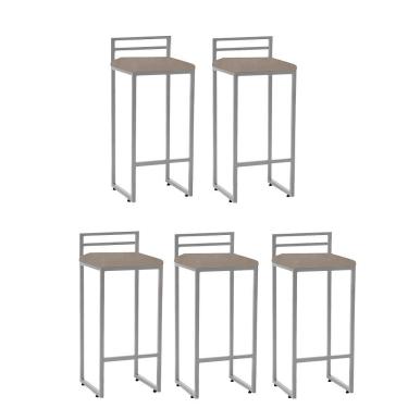 Imagem de Kit 05 Banqueta Alta Com Encosto Petra Balcão Bar Cozinha Bistrô Ferro Prata Corino Bege