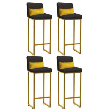 Imagem de Kit 04 Banqueta Alta Industrial Ferro Dourado Corino Cinza E Almofada Amarelo