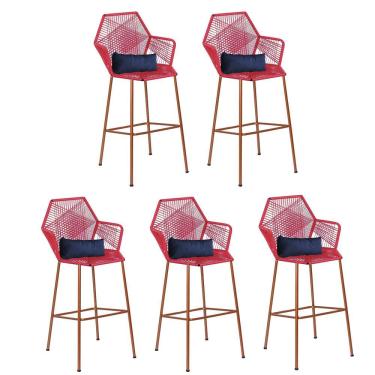 Imagem de Kit 05 Banqueta Alta Com Encosto Sttar Ferro Bronze Fibra Vermelho Almofada Suede Azul Marinho