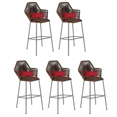 Imagem de Kit 05 Banqueta Alta Com Encosto Sttar Balcão Ferro Prata Fibra Marrom Almofada Corino Vermelho
