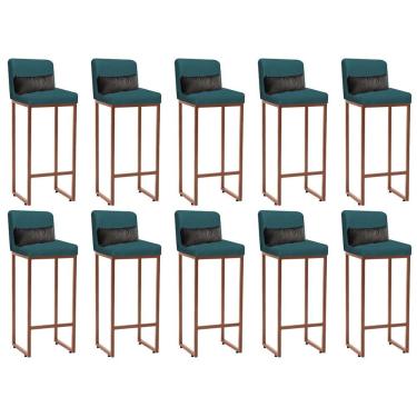 Imagem de Kit 10 Banqueta Alta Com Encosto Balcão Ferro Bronze Suede Azul Turquesa E Almofada Cinza