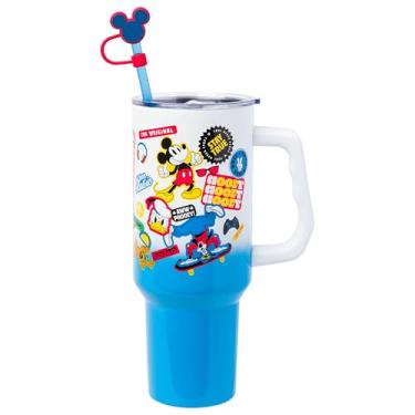 Imagem de Silver Buffalo Disney Mickey e seus amigos com margarida, pato donald, pateta, plutão, Minnie decalques design copo de aço inoxidável com alça e canudo, cabe em porta-copos padrão, 1,134 g