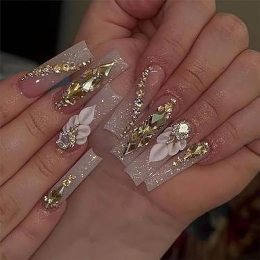 Imagem de RTKHFZE Unhas Postiças De Acrílico Longas E Quadradas Para Presente Formatura/Festa/Feriado Feminino (Cáqui Com Desenho Flores)