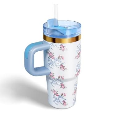 Imagem de BAISHIDA Copo de 400 ml com alça e canudo, copo infantil de 400 ml com tampa e canudo para crianças copos de aço inoxidável, presente de viagem para esportes ao ar livre, escola, mantém as bebidas
