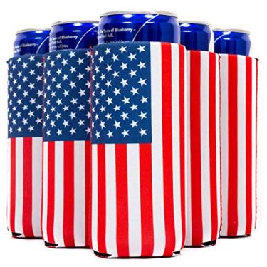 Imagem de QualityPerfection Slim Can Cooler Sleeve - Ultra Slim Beer Blank Skinny Neoprene Coolie 355 ml - Compatível com Red Bull, Michelob Ultra, Verdadeiramente Branco Garra - Presente 4 Her,Him,Business (12, Bandeira dos EUA)