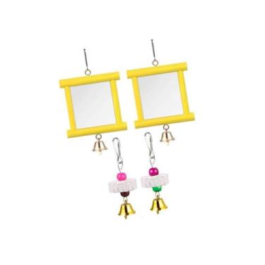 Imagem de IEUDNS 2x Brinquedos de espelho de galinha com sino, bico de mastigação interativo, pedras de moer, brinquedo de bicadas de madeira para galos, galinhas, Amarelo