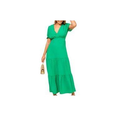 Imagem de Vestido feminino longo decote V manga curta bufante fashion - Filó Mod