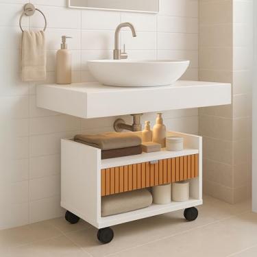 Imagem de Gabinete De Banheiro 1 Gaveta Com Rodízios Compacto Armário (Branco-Ripado)