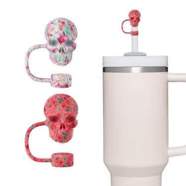 Imagem de Pacote com 2 tampas de canudo de caveira para copo stanley 30 e 1,134 g, acessórios de copo de água, tampa de cobertura de palha 3D reutilizável à prova de poeira, presente Hollaween (verde e vermelho