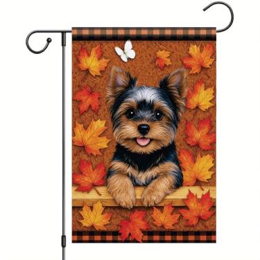 Imagem de Starlit Patio Bandeira de jardim de outono de Ação de Graças Yorkshire Terrier bandeira de cachorro 30 x 45 cm folha dupla face xadrez quintal banner outono decoração ao ar livre para varanda gramado