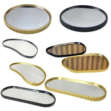Imagem de Bandeja Espelhada Premium para Banheiro - Vidro Temperado Antiderrapante, Multiuso para Lavabo, Quarto e Cozinha (Fácil Limpeza)(Oval Bolinhas dourado)