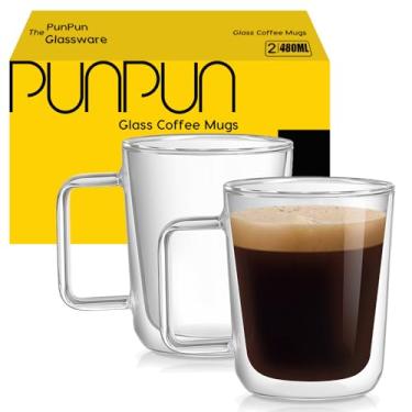 Imagem de PunPun 473 ml Canecas de vidro transparente de 480 ml, canecas de café grandes, copos de parede dupla com isolamento jumbo, conjunto de copos premium com alça grande, conjunto de 2 xícaras de café