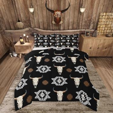 Imagem de Feelyou Conjunto de edredom Queen com caveira de touro preto, asteca ocidental, para meninos, meninas, adolescentes, boêmio, boho, caubói selvagem, tribal, rústico, 3 peças