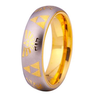 Imagem de CLOUD DANCER Anel de tungstênio masculino com estampa de laser com tema de jogo dourado de 8 mm de largura e anel triforce com gravação personalizada, Metal, Sem pedra preciosa
