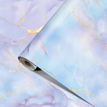 Imagem de HOMETITUTE Papel de parede de mármore azul claro roxo papel de contato 39,9 cm x 100,1 cm adesivo de parede de vinil removível autoadesivo para decoração de armário prateleira bancada