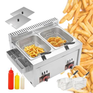 Imagem de KKSOUFX Fritadeira A GáS De AçO InoxidáVel Com Cilindro Duplo/úNico Para Restaurante, Fritadeira A GáS De Bancada Com Cesto + Tampa De Panela, Controle De Temperatura, Para Cozinha E Restaurante