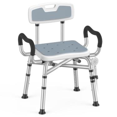 Imagem de Cadeira de chuveiro com apoios de braços e encosto acolchoados, antiderrapante com altura ajustável, assento de chuveiro resistente de 272 kg elegível para FSA/HSA para banheira, assento de banho