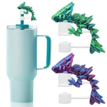 Imagem de Habbiful 2 peças de topo de palha de dragão para copos Stanley de silicone impresso em 3D capas de canudo de dragão compatíveis com Stanley 30 e acessórios de copo de 1,134 g para presentes decoração