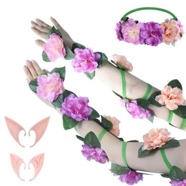 Imagem de Conjunto de acessórios de fantasia de elfo, 1 par de fitas florais de fada renascentista festival floral braço, 2 pares de orelhas de duende duende duende e 1 peça de cabeça para mulheres, meninas