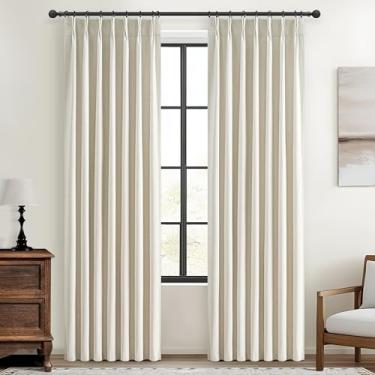 Imagem de Cortinas de verão plissadas com blackout creme, 218 cm de comprimento, conjunto de 2 painéis para sala de estar, mistura de linho de fazenda, cortinas térmicas para janelas de 218 a 223 cm com