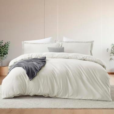 Imagem de Hearth & Harbor Conjunto de capa de edredom e lençol de cama queen size, branco, 7 peças, macio escovado, inclui capa de edredom, lençol de cima, lençol com elástico, fronhas e fronhas