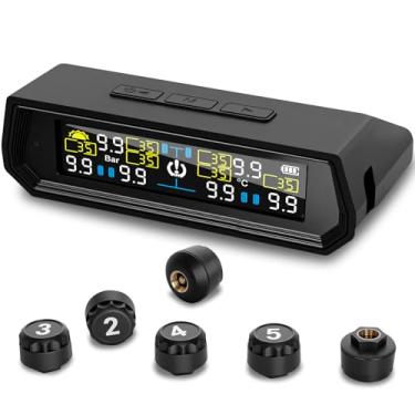 Imagem de Sistema de monitoramento de pressão de pneu RV, sistema de monitoramento de pressão de pneu TPMS atualizado 2025 0-9,9 bar 144 PSI monitor de pressão de pneu com carga solar TPMS com 6 modos de alarme