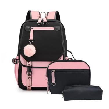 Imagem de ZHANAO Mochila escolar para meninas, bloco de cores, mochila escolar com caixa de almoço, conjunto de 3 peças, mochila para meninas escolares com porta de carregamento USB, Preto + rosa