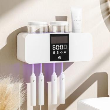 Imagem de Suporte inteligente de escova de dentes montado na parede com carregamento solar, 4 compartimentos de escova e 2 xícaras, organizador de escova de dentes elétrico multifuncional com secador embutido