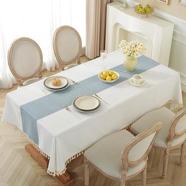 Imagem de Alsoo Toalha de mesa mesa retangular, toalha de mesa rústica toalhas de mesa de cozinha casa de fazenda capa de mesa de café, toalha de mesa retangular de tecido de linho de algodão, faixa azul, 4-6 assentos/55 x 75