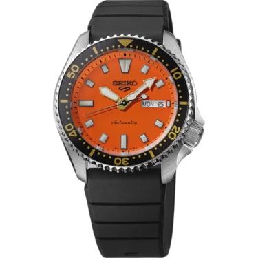 Imagem de Seiko 5 Relógio esportivo masculino automático com caixa de aço inoxidável e ponteiros luminosos – Relógios de pulso elegantes, Preto, laranja, Seiko 5 esportes