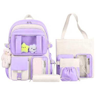 Imagem de Mochila HORHREAR Kawaii Conjunto de 5 peças para escola, linda mochila transparente com pingente de estética para meninas e meninos bolsa primária, Roxo claro, One Size, Material escolar