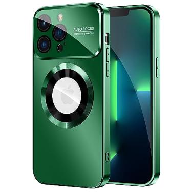 Imagem de MAKAVO Capa magnética para iPhone 13 Pro, protetor de lente de câmera integrado, compatível com MagSafe, visualização de logotipo, capa protetora de telefone de grau militar, verde escuro