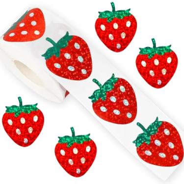 Imagem de RUPOFUZA 500 peças de adesivos de morango de volta às aulas rolo de 2,5 cm adesivos autoadesivos à prova d'água a laser brilhantes para decoração de envelopes, scrapbook, material de festa do primeiro