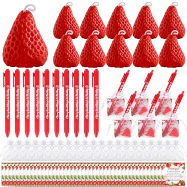 Imagem de Yaomiao Conjunto de 50 lembrancinhas de chá de bebê de morango para convidados, velas de morango, uma caneta esferográfica Berry Sweet Baby is on The Way com etiquetas de agradecimento para festa de