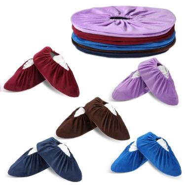 Imagem de 5 pares de capas de sapato reutilizáveis antiderrapantes para ambientes internos, multicoloridas, espessas, de flanela, capa protetora para botas de caminhada de segurança, capas de sapatos de pé