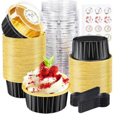 Imagem de ZOXILEN 60 peças de mini formas de bolo com tampas de folha de alumínio, mini formas de pão descartáveis de 142 g com tampas e colheres, formas redondas pequenas para assar, latas de torta