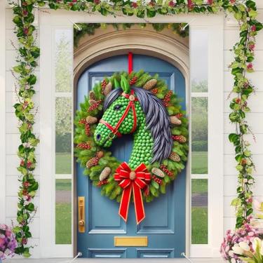 Imagem de BlissYard Capa para porta de Natal, 89 x 188 cm, guirlanda festiva de cabeça de cavalo, pinhas e bagas, banner de porta de tecido de poliéster para decoração exclusiva de tema equestre de entrada de