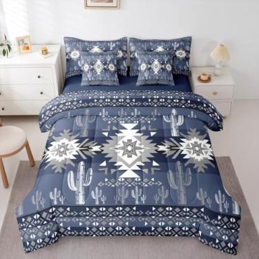Imagem de Feelyou Conjunto de edredom azul profundo asteca do sudoeste com lençol king size, geométrico, vintage, para meninos, meninas, adolescentes, boêmio, tribal, rústico, ocidental, exótico, cacto, 7 peças