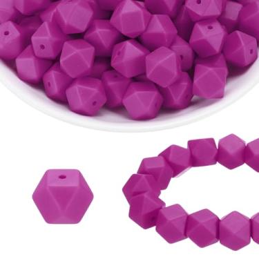 Imagem de HARFINGTON 96 contas de silicone 14 mm contas focais hexagonais de borracha a granel para canetas, chaveiro, pulseira, colar, artesanato, faça-você-mesmo, magenta