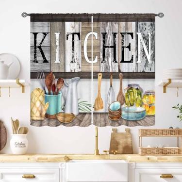 Imagem de Cortinas rústicas de cozinha, country vintage Farmhous garfo e colher tábua de tábua de madeira tema de cozinha com bolso para varão camadas de cortina para café, sala de estar, quarto, tratamento de