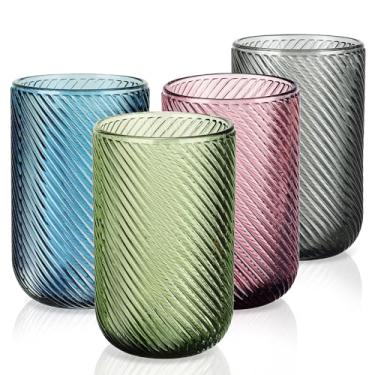 Imagem de Joeyan Copos para beber vintage, copos de água coloridos em relevo canelados, copos coloridos para bebidas, coquetel, uísque, suco de cerveja, 400 ml, conjunto de 4, pode ser lavado na lava-louças