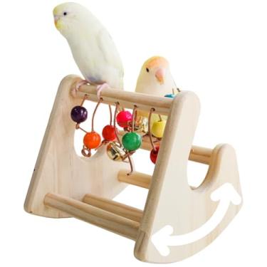 Imagem de CXYYXF Poleiro de madeira natural para treinamento de poleiro, cavalo de balanço de pássaro de madeira com contas coloridas e sinos, brinquedo interativo de inteligência para periquitos
