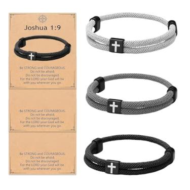 Imagem de LEFTSTARER Pulseira de cruz cristã trançada ajustável para homens e mulheres, pulseira Jesus WWJD presente de batismo religioso com versículo da Bíblia Josué 1:9 cartão, Medium, Nylon, Sem Pedra