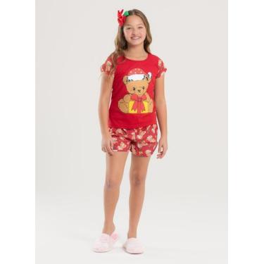 Imagem de Pijama Natal Verão Menina Vermelho Blusa e Shorts Urso Natalino - Mole