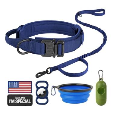 Imagem de HYDEME Coleira tática de nylon ajustável com alça de controle e fivela de metal pesado para cães médios e grandes, com patches, airtags, estojo e dispensador de saco de cocô e tigela portátil (G