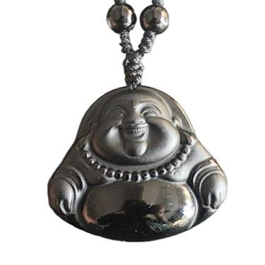 Imagem de Colar de cristal amuleto de pingente de buda feliz obsidiana natural com corrente de contas ajustável para mulheres ou homens, Obsidiana, Obsidiana
